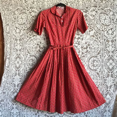 Vintage 1950s Red Paisley Cotton Shirtwaist Dress Small By