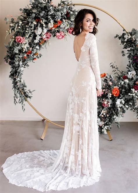 Open Back Boho Wedding Dress Long Sleeve V Back Bridal Gown Etsy