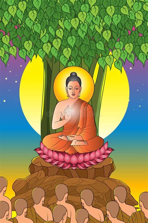 Makha Bucha Day Buddha Sitting Under The Bodhi Tree Stock Illustration