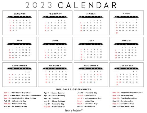 2023 Calendar With Holidays - World of Printables