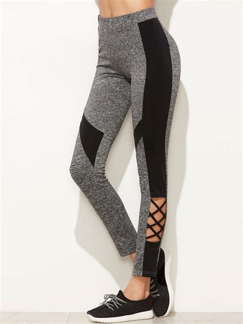 Grey Marled Knit Contrast Panel Leggings With Crisscross Detail Shein