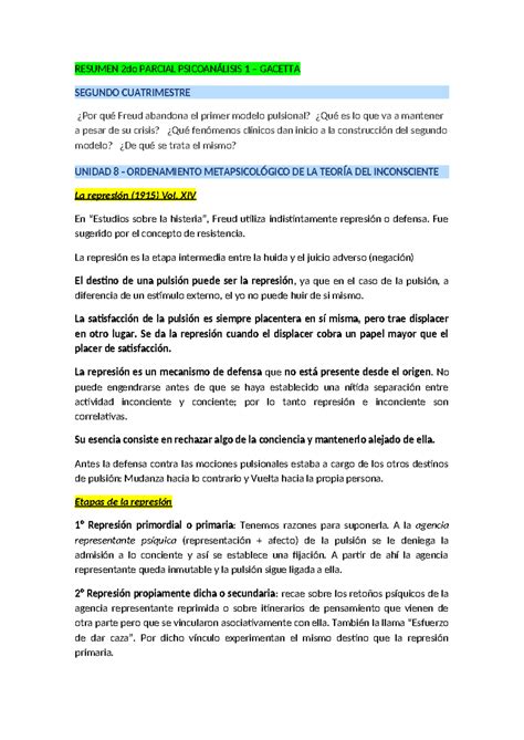 Resumen 2do Parcial Psicoanálisis 1 RESUMEN 2do PARCIAL PSICOANÁLISIS