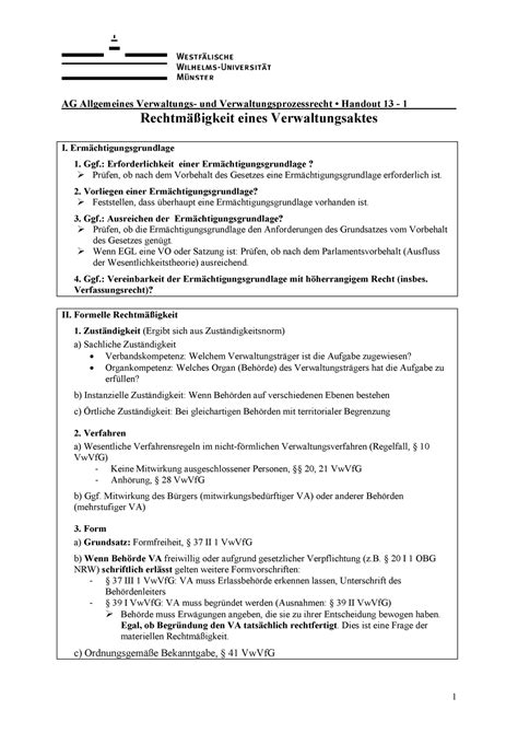 Handout 13 Rechtmäßigkeit eines Verwaltungsaktes AG Allgemeines und