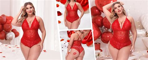 Amazon Aranmei Sexy Plus Size Teddy Lingerie Snap Crotch Lace Bodysuit Deep V One Piece
