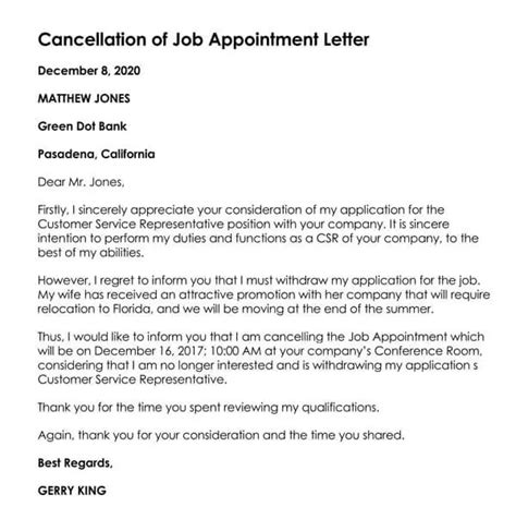 Cancel Appointment Letter Sample