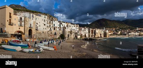 Fishing Boats On The Cefalu Beach Historic Town Centre Cefal Sicily