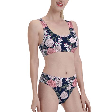 Noikeo Rose Flowers Pattern Bikini Set For Women Two Piece Swimsuits Low Rise Bathing Suits