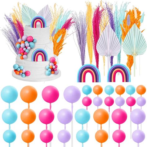 Roshtia Pcs Boho Cake Toppers Decorations Rainbow Mini Balls Cake