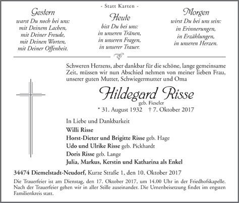 Traueranzeigen Von Hildegard Risse Trauer Wlz Online De