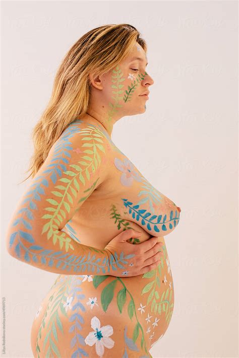 Profile Portrait Of Curvy Naked Woman With Body Art Body Positive