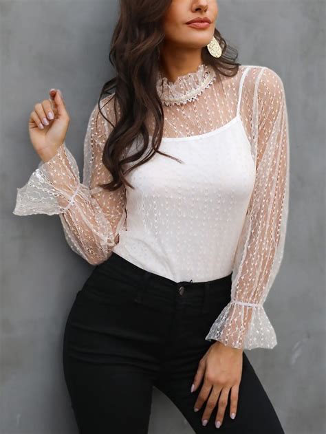 Ruffles Cuff Mock Neck Sheer Lace Blouse M 2299 Casual Skirt