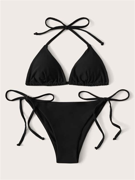 SHEIN Swim Summer Beach Mono Bikini Set Halter Triangle Bra Top Tie Side Bikini Bottom Piece
