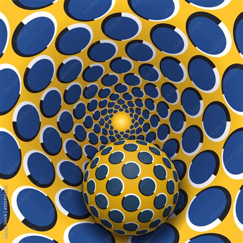 Optical illusion illustration. A ball is moving in yellow blue polka ...