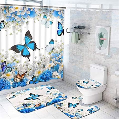 Amazon Pcs Flower Butterfly Shower Curtain Set With Non Slip Rug