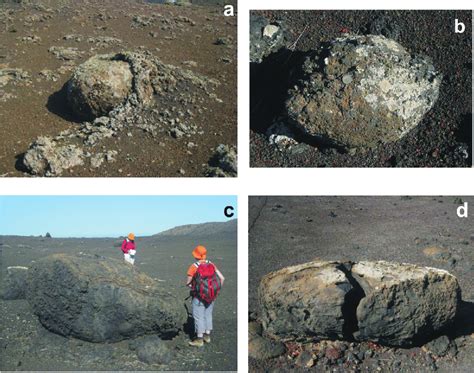 Volcanic bombs from the CQA: a) bomb covered by spatter; b) bomb with ...