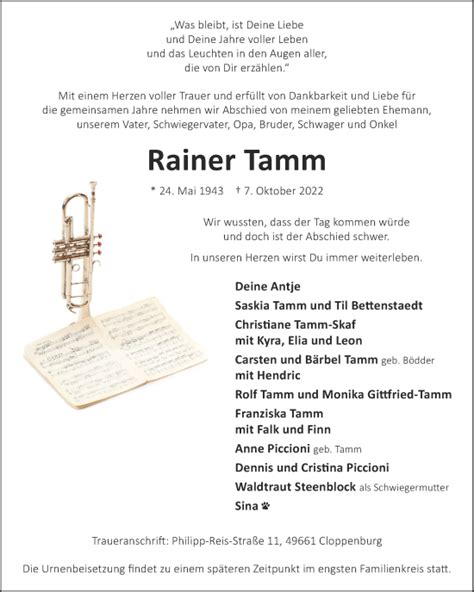 Traueranzeigen Von Rainer Tamm Om Trauer De