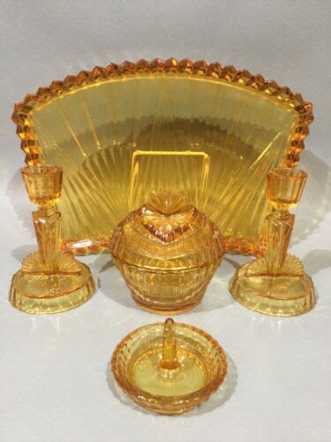 Vintage Art Deco Amber Glass Dressing Table Set Ebay