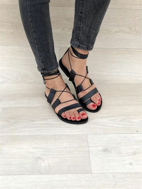 Shoes Sandals Women Sandals Black Lace Up Leather Sandals Christina Christi Handmade