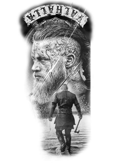 Black And White Viking Sleeve Tattoo Design