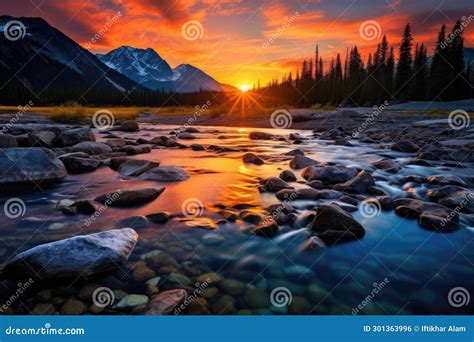 Sunset Over The Bow River Banff National Park Canada Clear River