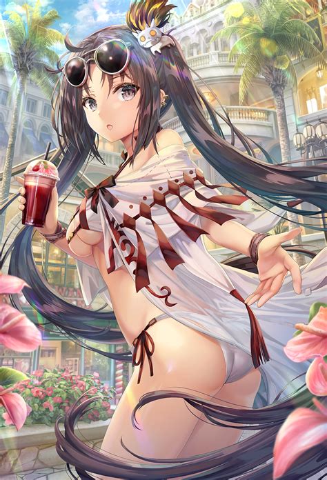 Rule 34 1girls Akuta Hinako Ass Bangs Bare Shoulders Bikini Bottle Breasts Brown Eyes Brown