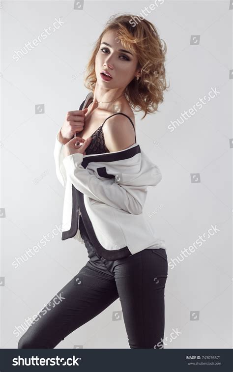 Sensuality Blonde Model White Jacket Black Stock Photo Shutterstock