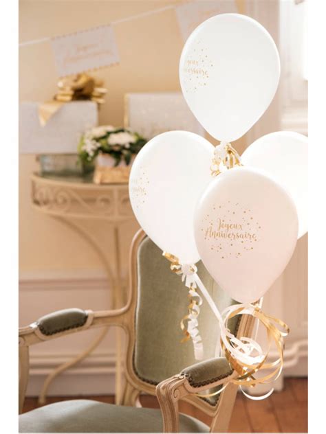 8 Ballons en latex Joyeux Anniversaire blanc et doré métallisé 23 cm