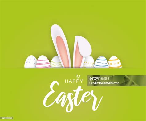 Happy Easter Poster Or Card With Eggs And Bunny Ears Vector High Res