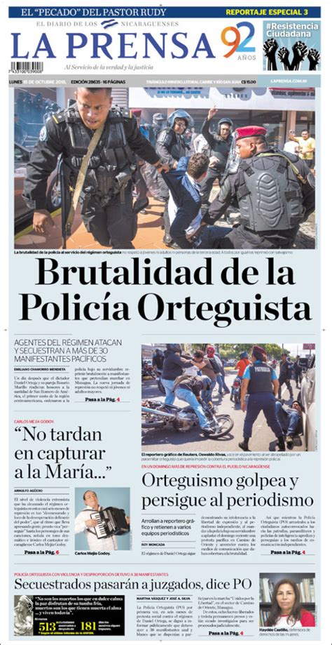 Portada Lunes 15 De Octubre La Prensa Nicaragua Alnavío