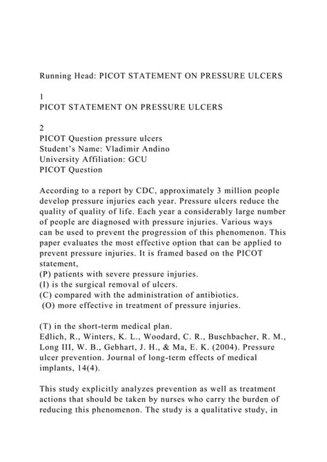 Running Head Picot Statement On Pressure Ulcers Picot Sta Docx