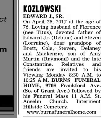 Obituary For Edward J Kozlowski Aged Newspapers