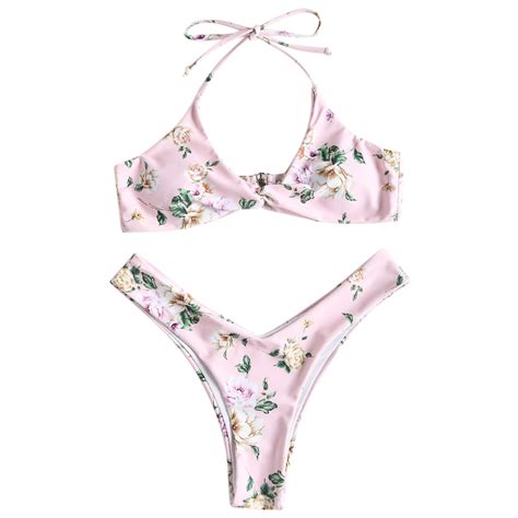 Zaful Floral Twist Front Bikini Push Up Swimwear Sexy Thong Bikini