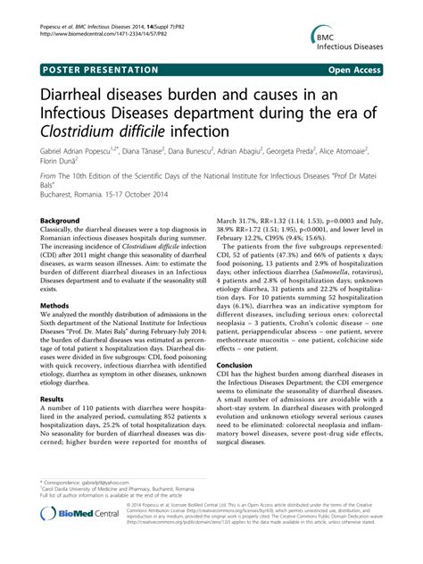 Pdf P82 Diarrheal Diseases Burden And Causes In An Infectious