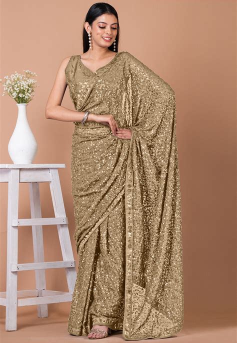 Buy Sequinned Georgette Saree In Beige Online Scsa Utsav Fashion