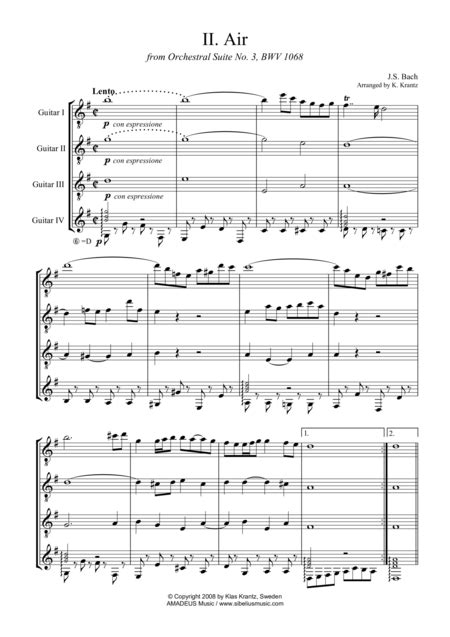 Air On The G String Bwv For Guitar Quartet Arr K Krantz By J