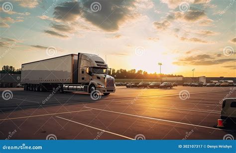 A Big Rig Parked In A Busy Parking Lot Stock Image Image Of Container