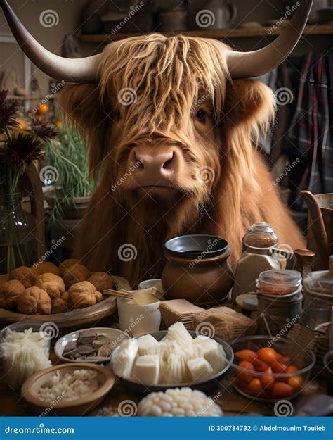 A Highland Cow In A Human Kitchen With A Goofy Smile On His Face Stock