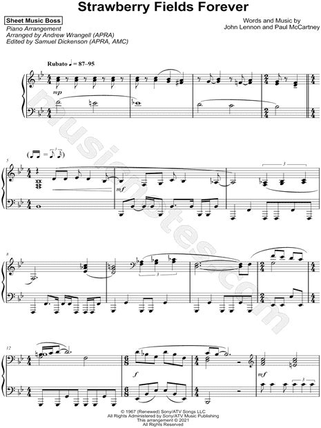 Sheet Music Boss Strawberry Fields Forever Sheet Music Piano Solo In Bb Major Download