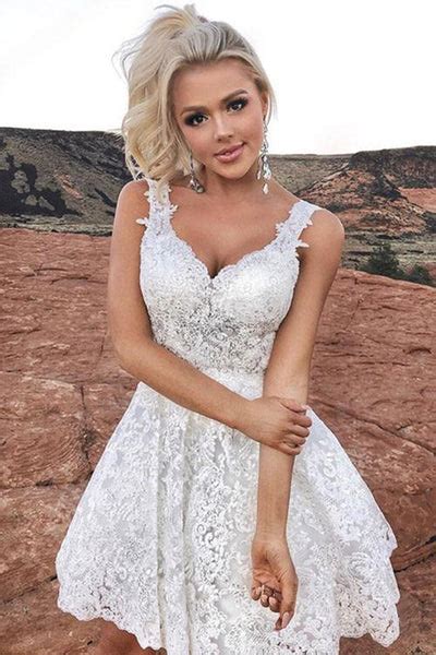 Cute V Neck Short White Lace Prom Homecoming Dress White Lace Formal