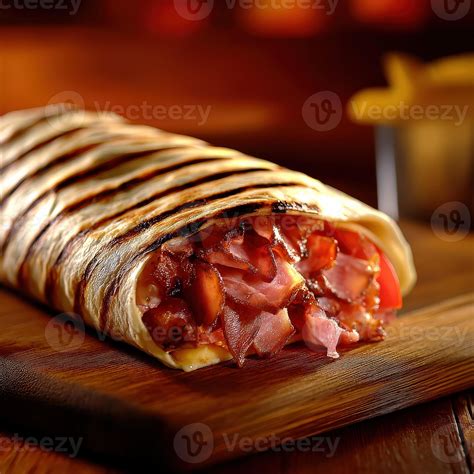 Grilled wrap filled with meats and vegetables on wooden board 65374071