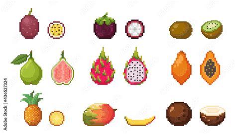 Pixel Tropical Fruit Vector Set Pixel Art Collection Stock Vector