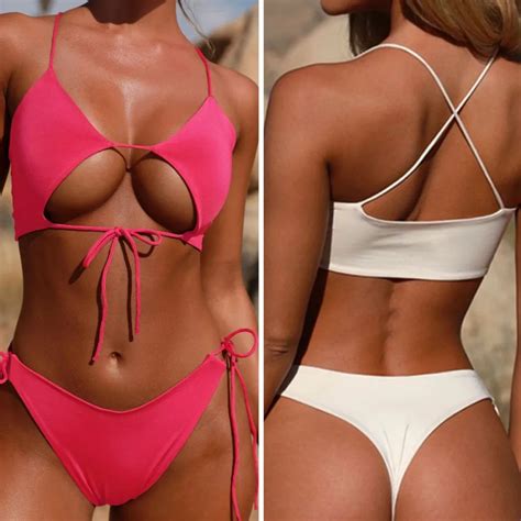 Solid Brazilian Strappy Swimsuit Sexy Cut Out Swimwear Bandeau Bikinis