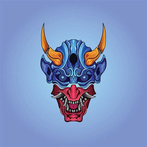 Hannya Mask Red Half Blue E Chifres Na Cabe A Ilustra O De Cultura