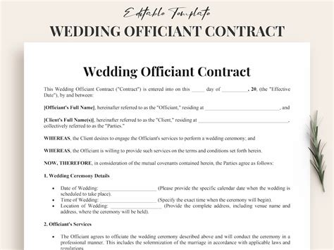 Editable Wedding Officiant Contract Template Ceremony Agreement