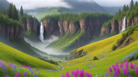 Premium AI Image | Mountain valley with waterfall