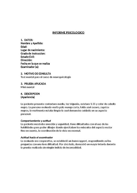 Minimental Tareaaaaa INFORME PSICOLOGICO 1 DATOS Nombre Y Apellido