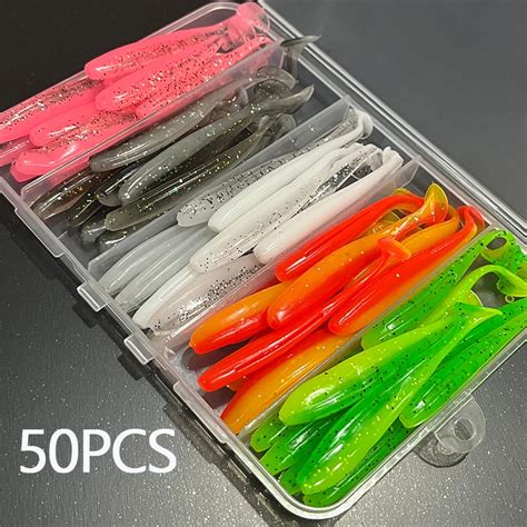 50Pcs Box Soft T Tail Paddle Tail Worm Baits 7cm 2 1g Easy Shiner