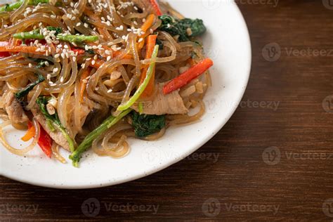 Japchae Or Stir Fried Korean Vermicelli Noodles With Vegetables And