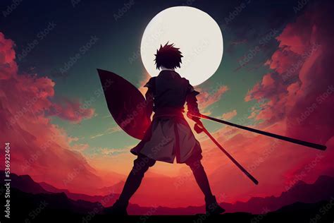 Silhouette of an anime warrior in the moonlight Stock Illustration ...