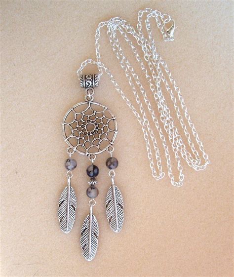 Dreamcatcher Dragons Vein Agate Feather Charm Pendant Long Chain